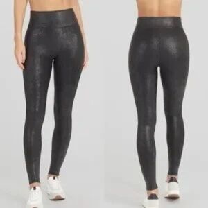 SPANX Faux Leather Snakeskin Print Black Leggings Size Small